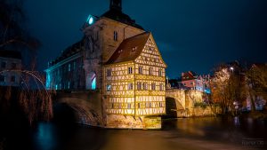 Bamberg bei Nacht Zentrum Pegnitz Fluss Obere Brücke Untere Brücke