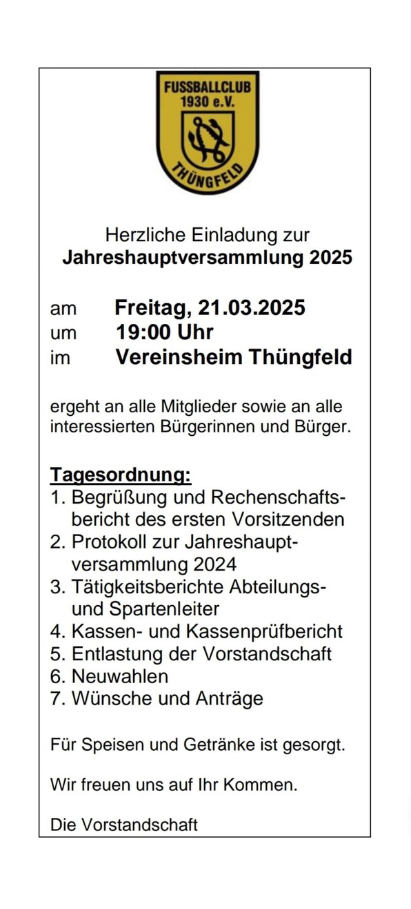 FC Thüngfeld lädt zur Jahreshauptversammlung 2025 ein